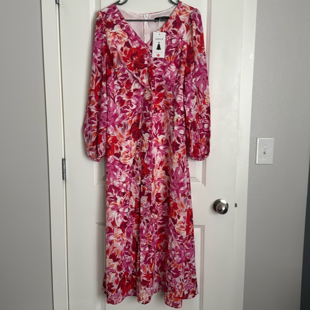 ZESICA Women's Floral Long Sleeve Midi Dresses 2026 Fall Boho V Neck